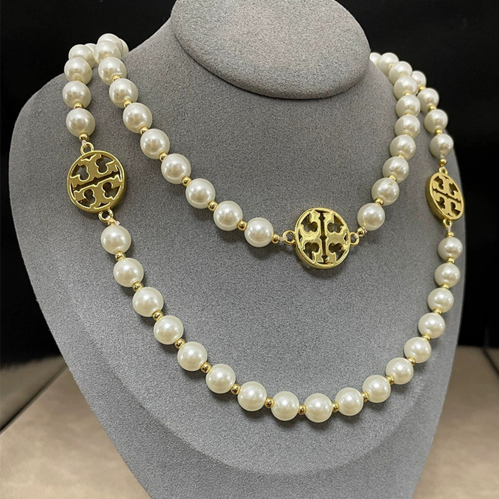 Tory Burch Double Swarovski Pearl Long Layering Necklace